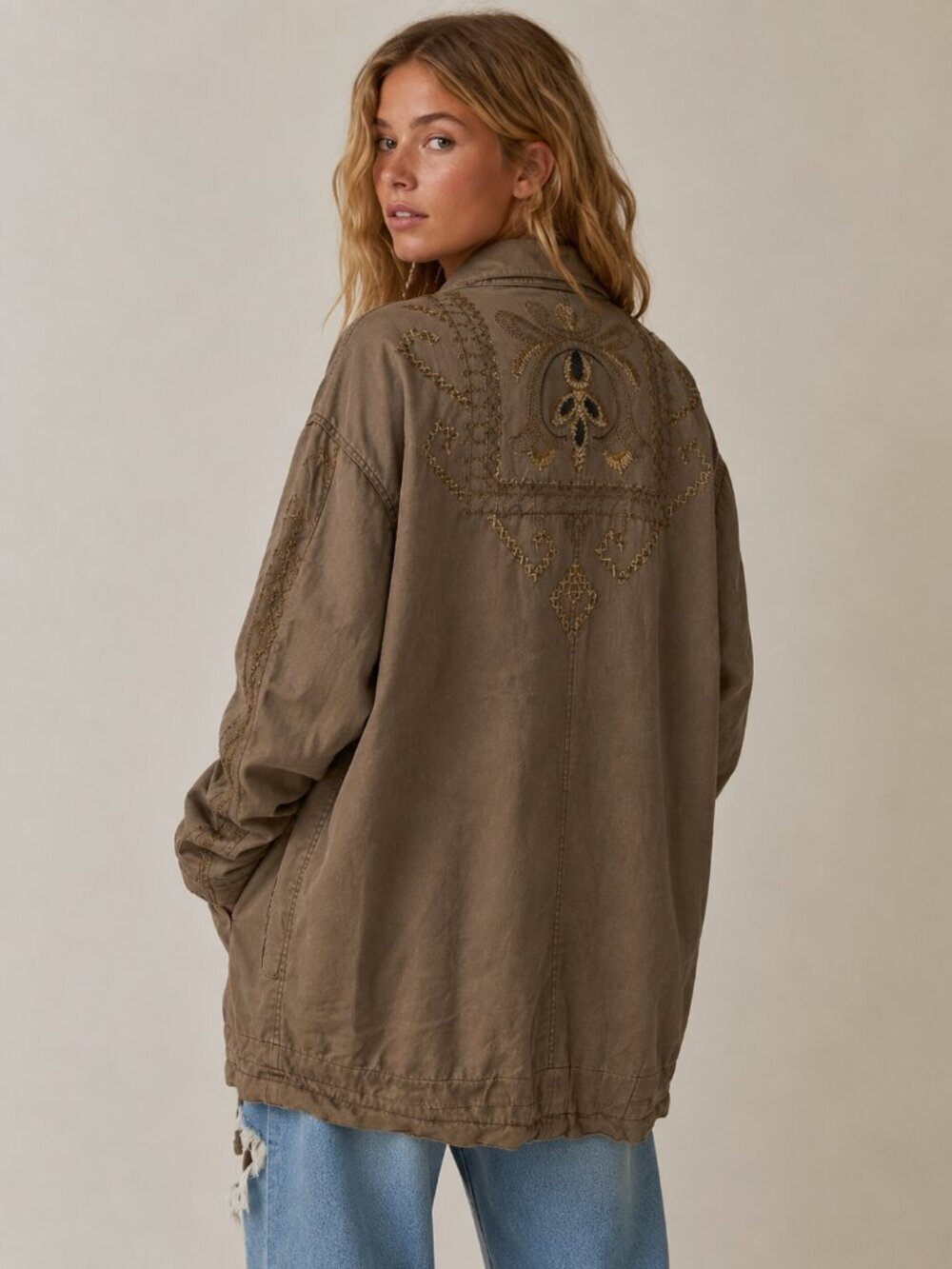 Free People Rugged Embroidered Twill Jacket French Olive